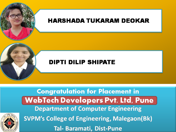 Congratulations for Placement in WebTech Developers Pvt. Ltd, Pune